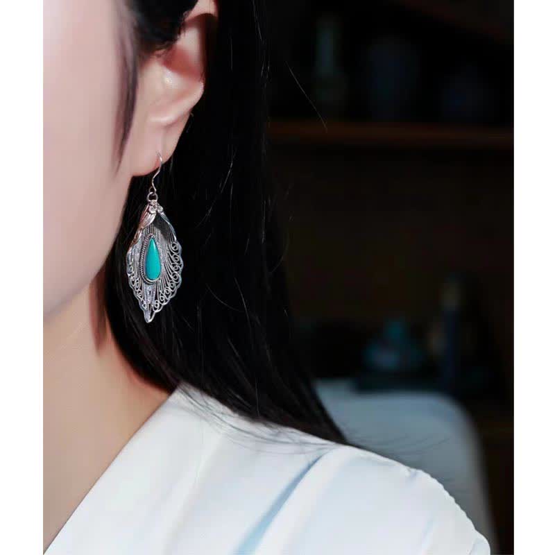 Fortune Jewel 925 Sterling Silver Turquoise Bodhi Leaf Pattern Protection Drop Dangle Earrings