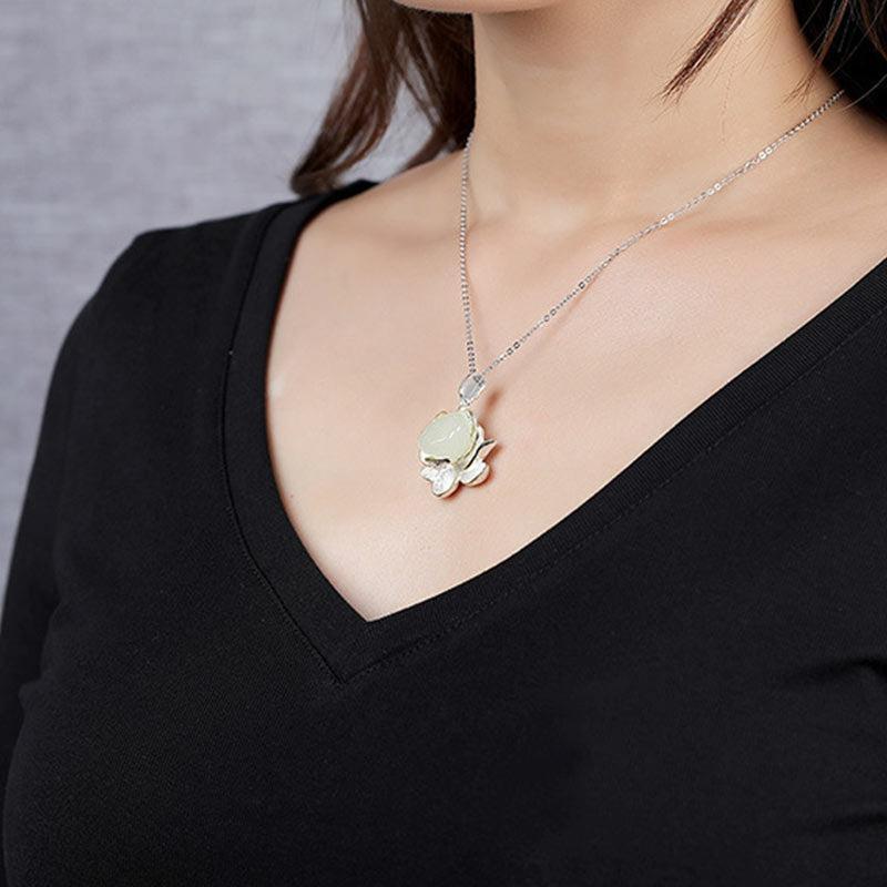 Fortune Jewel White Jade Lotus Flower Happiness Necklace Fortune Jewel