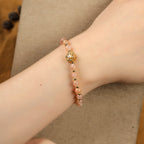 Fortune Jewel 14K Gold Plated Natural Strawberry Quartz Labradorite Sun Stone Fu Character Positive Charm Bracelet