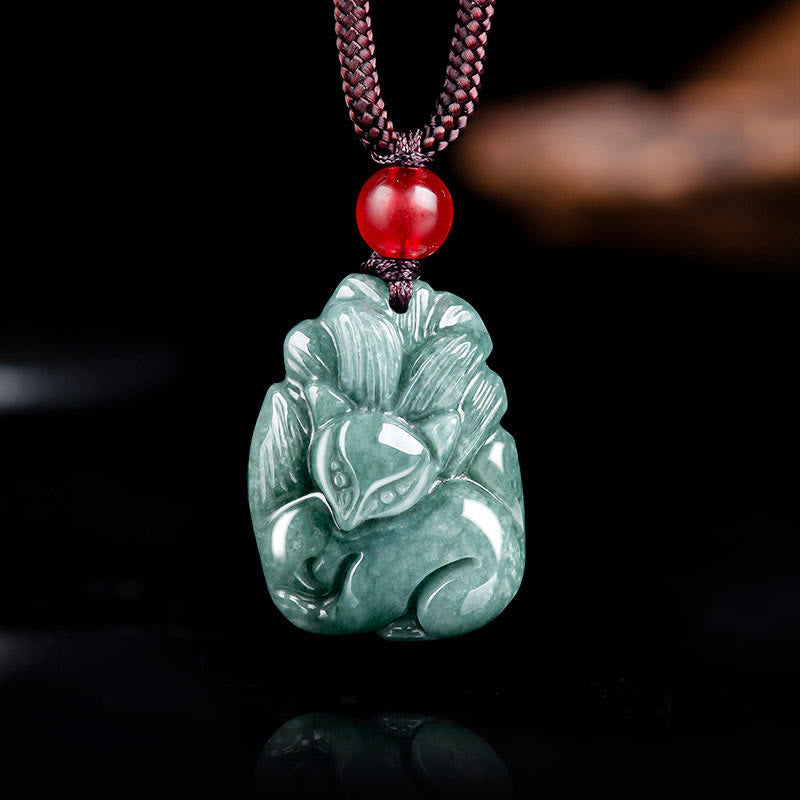 Fortune Jewel Natural Green Jade Nine Tailed Fox Engraved Prosperity Necklace Pendant
