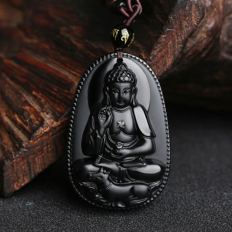 Fortune Jewel Chinese Zodiac Natal Buddha Natural Black Obsidian Purification Necklace Pendant