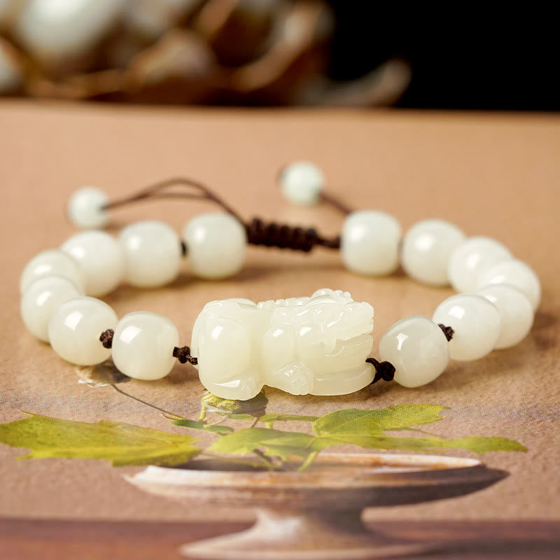 Fortune Jewel Natural Hetian White Jade PiXiu Wealth String Bracelet