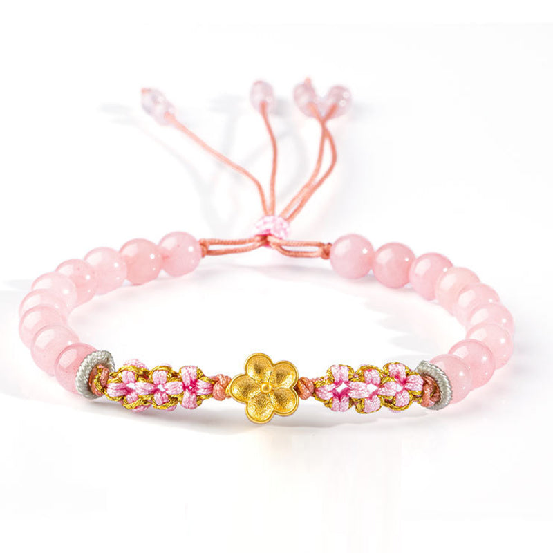 Fortune Jewel 999 Sterling Silver Natural Red Agate Pink Crystal Cherry blossom Bracelet