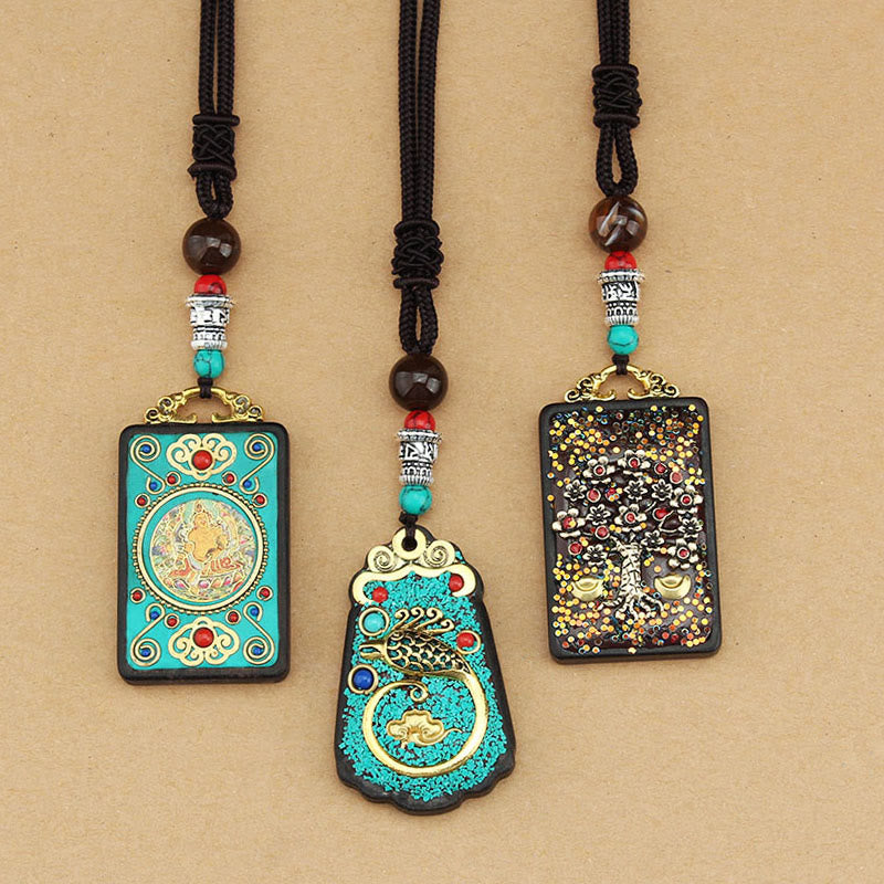 Fortune Jewel Tibet God Of Wealth Money Tree Golden Phoenix Thangka Ebony Peace Necklace Pendant