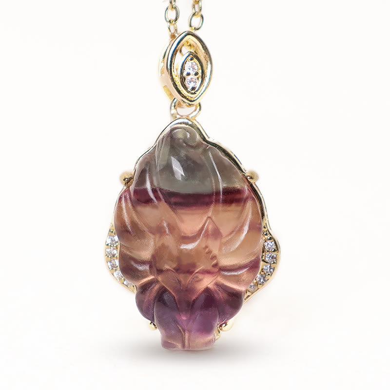 Fortune Jewel Natural Colorful Fluorite Nine Tailed Fox Protection Necklace Pendant