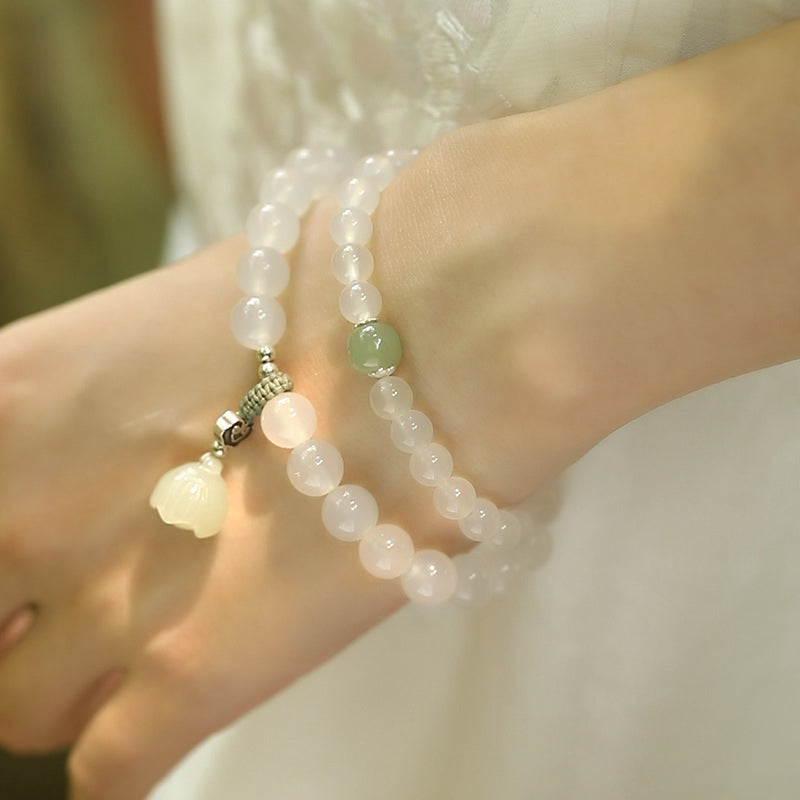 Fortune Jewel White Agate Jade Lotus Protection Bracelet
