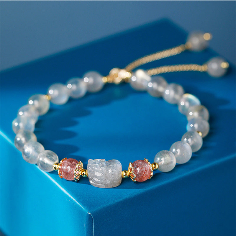 Fortune Jewel Aquamarine Strawberry Quartz Amethyst Moonstone PiXiu Healing Bracelet