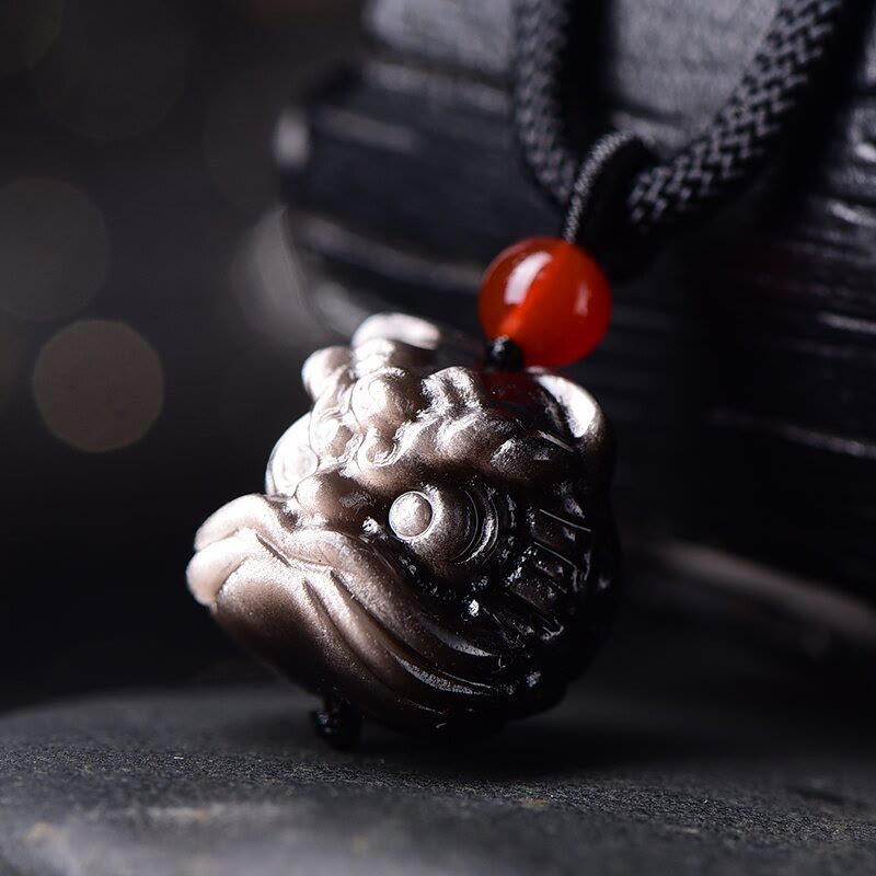 Fortune Jewel Natural Silver Sheen Obsidian Dancing Lion Protection Necklace Pendant