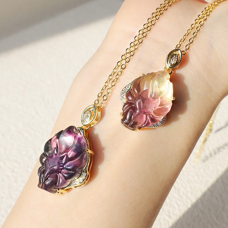 Fortune Jewel Natural Colorful Fluorite Nine Tailed Fox Protection Necklace Pendant
