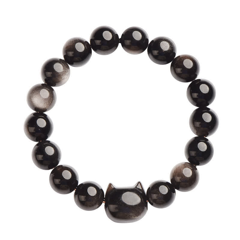 Fortune Jewel Gold Sheen Obsidian Silver Sheen Obsidian Lovely Paw Lucky Cat Protection Bracelet