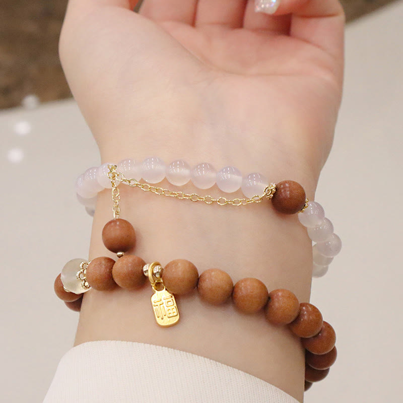 Fortune Jewel Sandalwood Cat's Eye Fu Character Charm Protection Bracelet