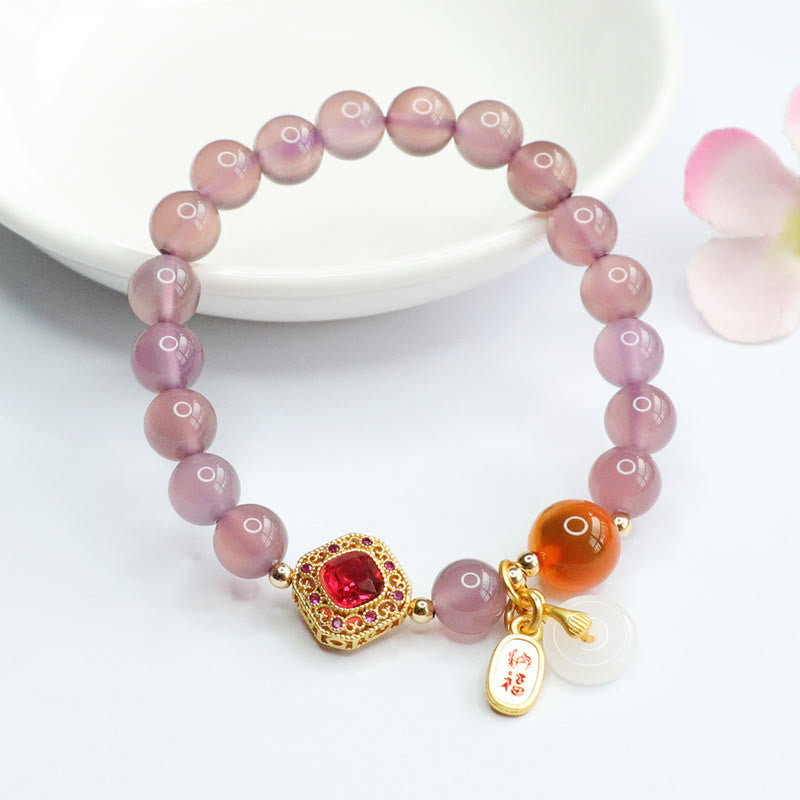 Fortune Jewel Natural Purple Chalcedony Candy Agate Peace Buckle Harmony Lucky Fortune Charm Bracelet