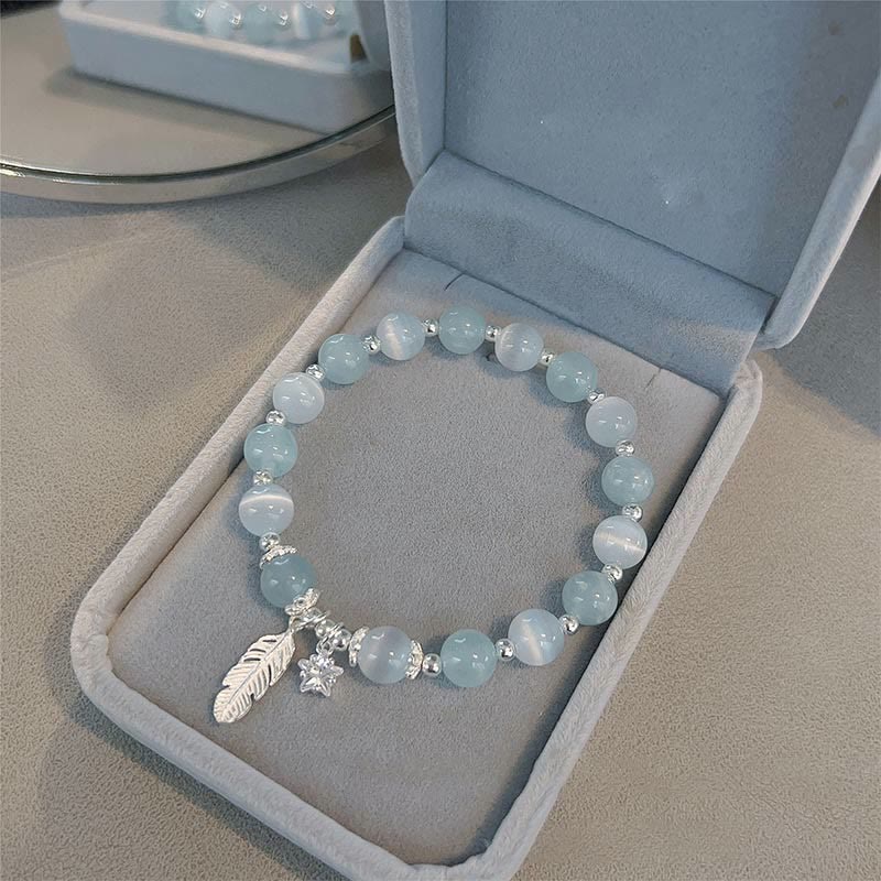 Fortune Jewel 925 Sterling Silver Aquamarine Cat's Eye Healing Feather Star Charm Bracelet