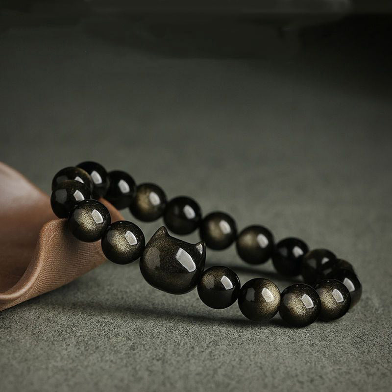 Fortune Jewel Gold Sheen Obsidian Silver Sheen Obsidian Lovely Paw Lucky Cat Protection Bracelet