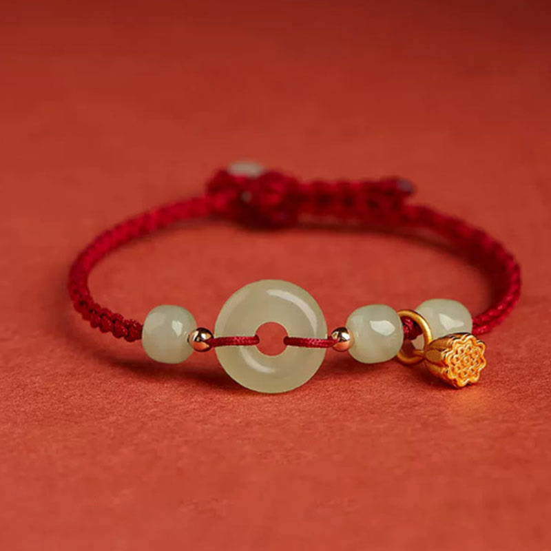 Fortune Jewel Round Peace Buckle Jade Lotus Happiness Abundance Wealth String Bracelet