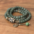 Fortune Jewel Cyan Bodhi Seed Dzi Bead Wisdom Peace Triple Wrap Bracelet