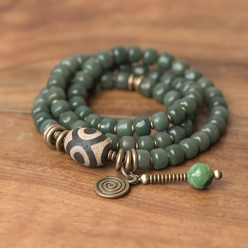 Fortune Jewel Cyan Bodhi Seed Dzi Bead Wisdom Peace Triple Wrap Bracelet