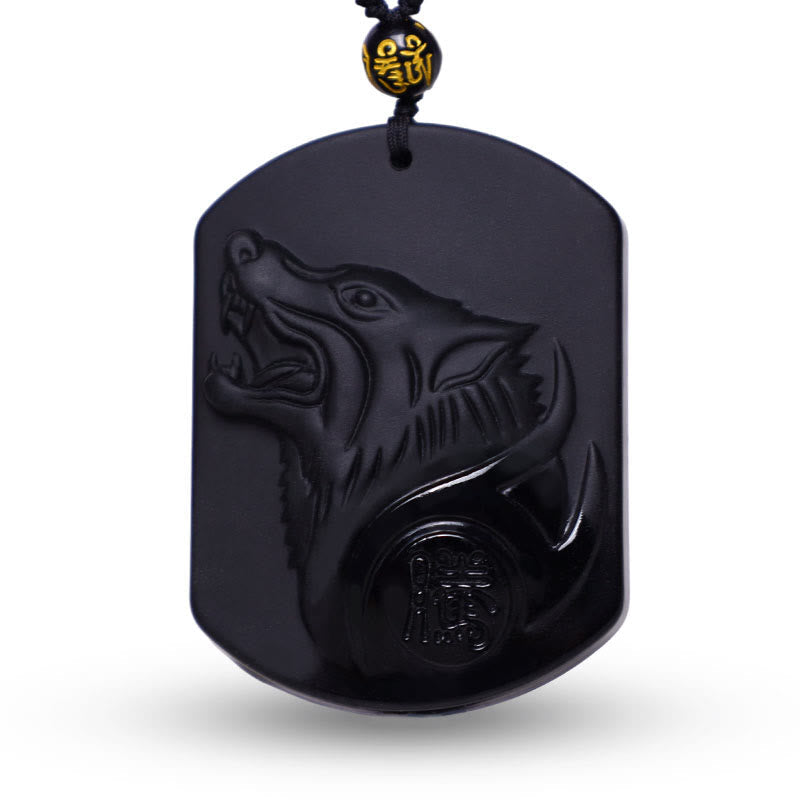 Fortune Jewel Black Obsidian Stone Wolf Purification Pendant Necklace