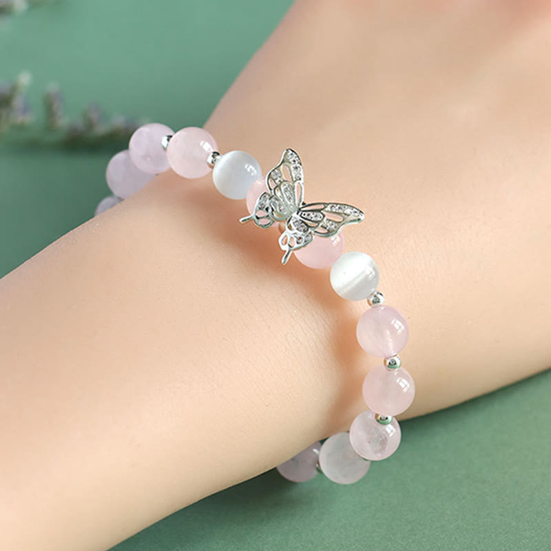 Fortune Jewel Blue Chalcedony Pink Crystal Purple Chalcedony Butterfly Energy Bracelet