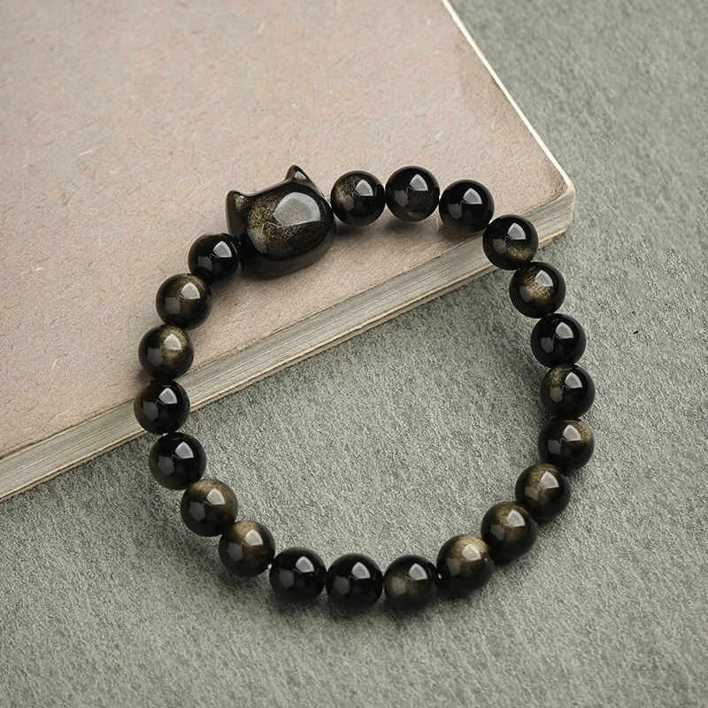 Fortune Jewel Gold Sheen Obsidian Silver Sheen Obsidian Lovely Paw Lucky Cat Protection Bracelet