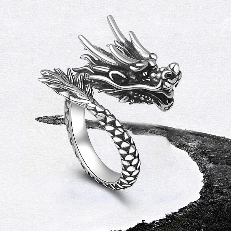 Fortune Jewel 990 Sterling Silver Vintage Dragon Design Luck Protection Strength Adjustable Ring