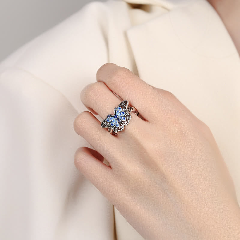 Fortune Jewel Hollow Enamel Blue Butterfly Pattern Love Ring