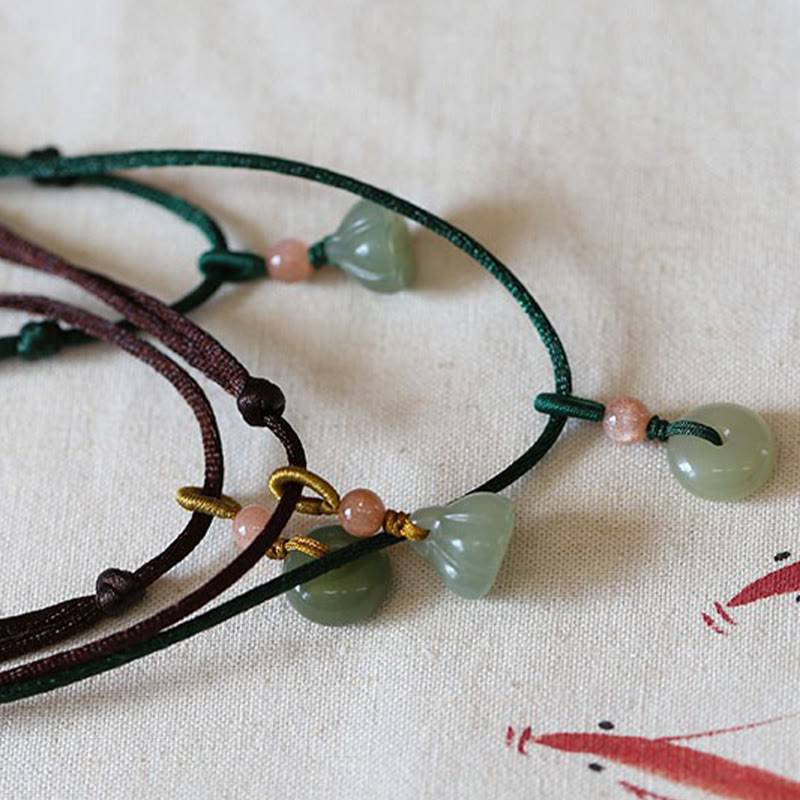 Fortune Jewel Natural Round Jade Peace Buckle Lotus Abundance String Necklace Pendant Fortune Jewel