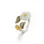 Fortune Jewel 925 Silver Plated Copper White Jade Plum Flower Leaf Luck Ring