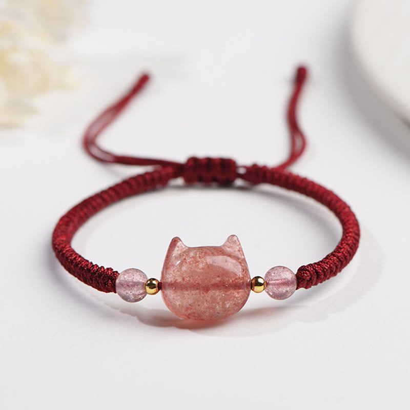 Fortune Jewel Handmade Natural Silver Sheen Obsidian Strawberry Quartz Cute Cat Protection Braided Bracelet