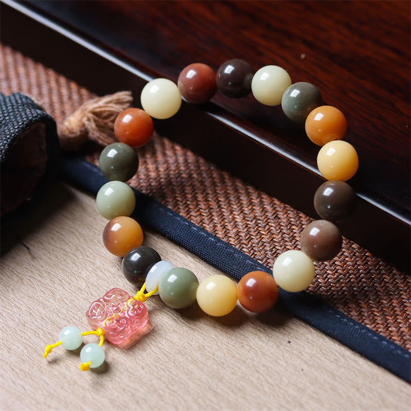 Fortune Jewel Natural Multicolored Gradient Bodhi Seed Liuli Glass Charm Peace Bracelet