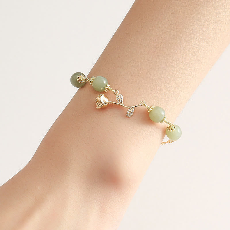 Fortune Jewel 14K Gold Plated Hetian Jade Golden Rose Flower Luck Chain Bracelet