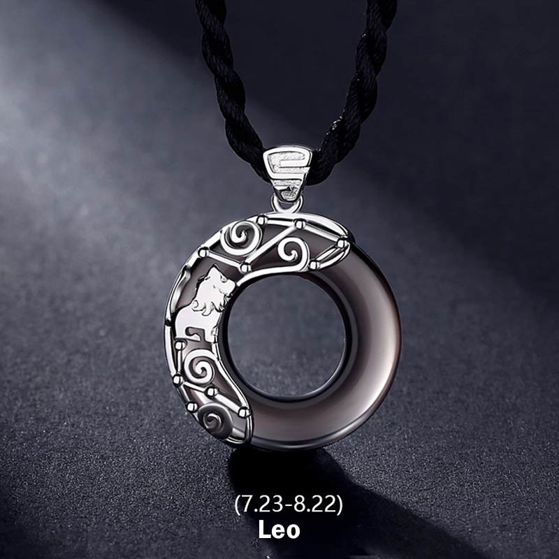 Fortune Jewel 12 Constellations of the Zodiac Ice Obsidian Blessing Round Pendant Necklace