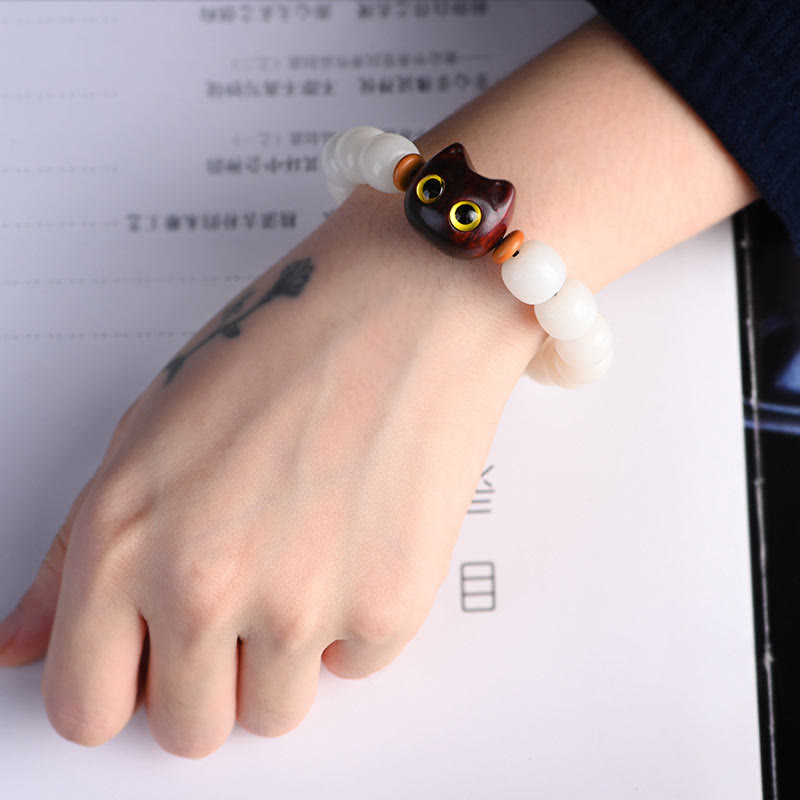 Fortune Jewel Natural Bodhi Seed Small Leaf Red Sandalwood Ebony Wood Cute Lucky Cat Wisdom Bracelet
