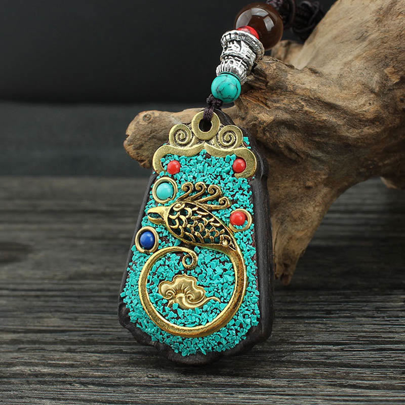 Fortune Jewel Tibet God Of Wealth Money Tree Golden Phoenix Thangka Ebony Peace Necklace Pendant