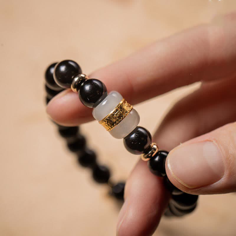 Fortune Jewel Black Obsidian Jade Om Mani Padme Hum Strength Couple Magnetic Bracelet