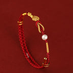Fortune Jewel 24K Gold Wish Ruyi Handle Fu Character Rabbit Pearl Luck Braided Bracelet