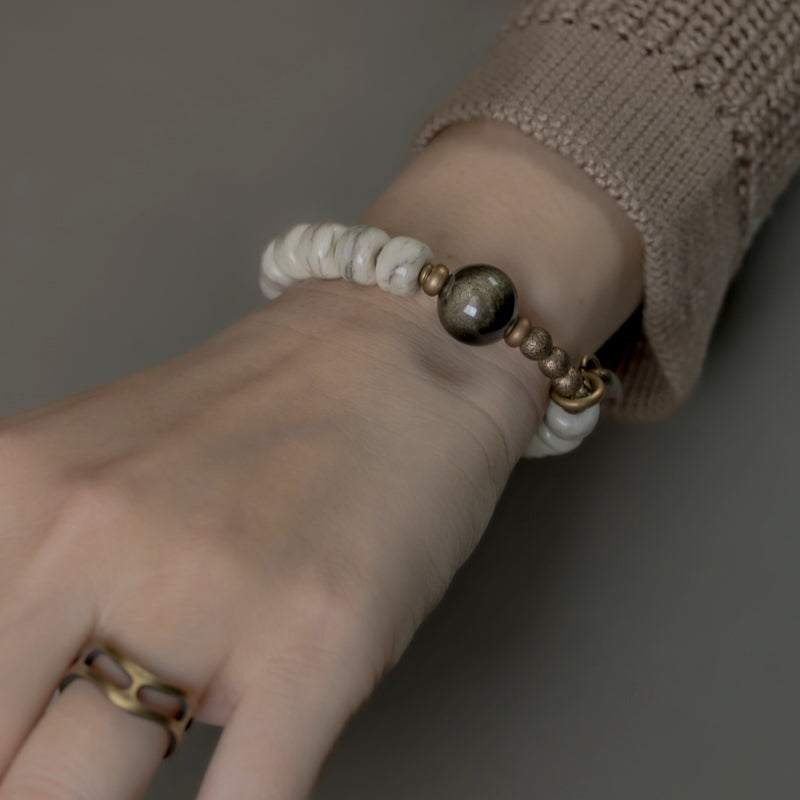 Tibetan Yak Bone & Golden Obsidian Bracelet with Brass Accents – For Strength & Protection