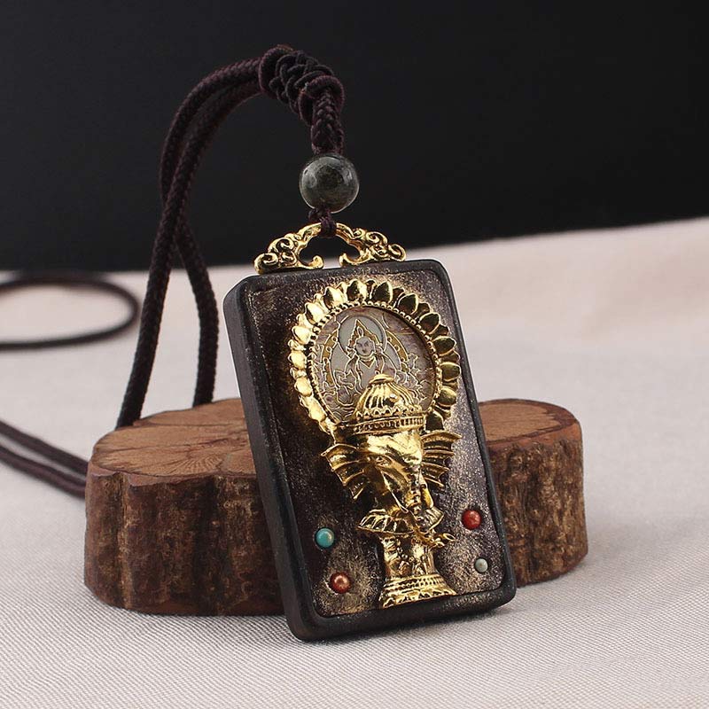 Fortune Jewel Ebony Wood Elephant God of Fortune Buddha Blessing Necklace String Pendant