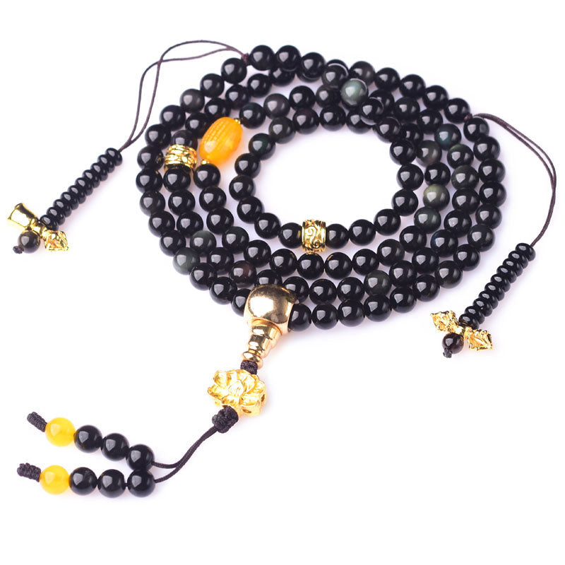 Fortune Jewel 108 Beads Natural Black Obsidian Lotus Fulfilment Mala Bracelet