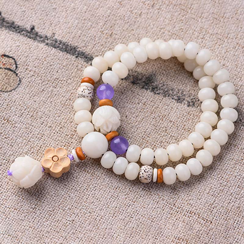 Fortune Jewel Tibetan White Jade Bodhi Lotus Blessing Bracelet Fortune Jewel
