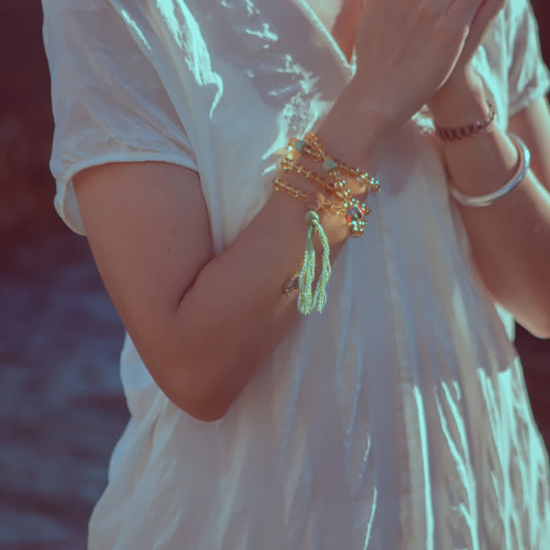 Fortune Jewel 108 Mala Beads 925 Sterling Silver Citrine Sandalwood Turquoise Protection Prosperity Bracelet