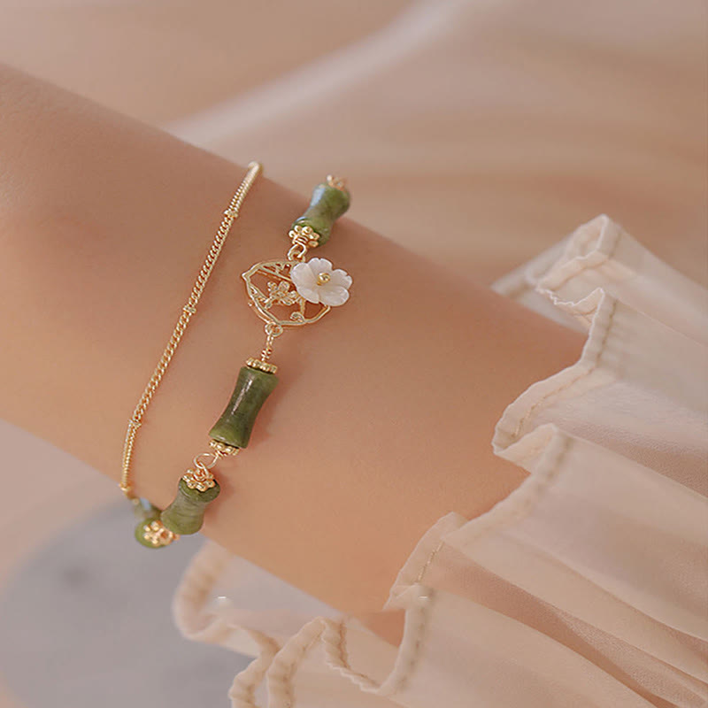 Fortune Jewel 14k Gold Plated Copper Peridot Bamboo Flower Wealth Double Layer Bracelet