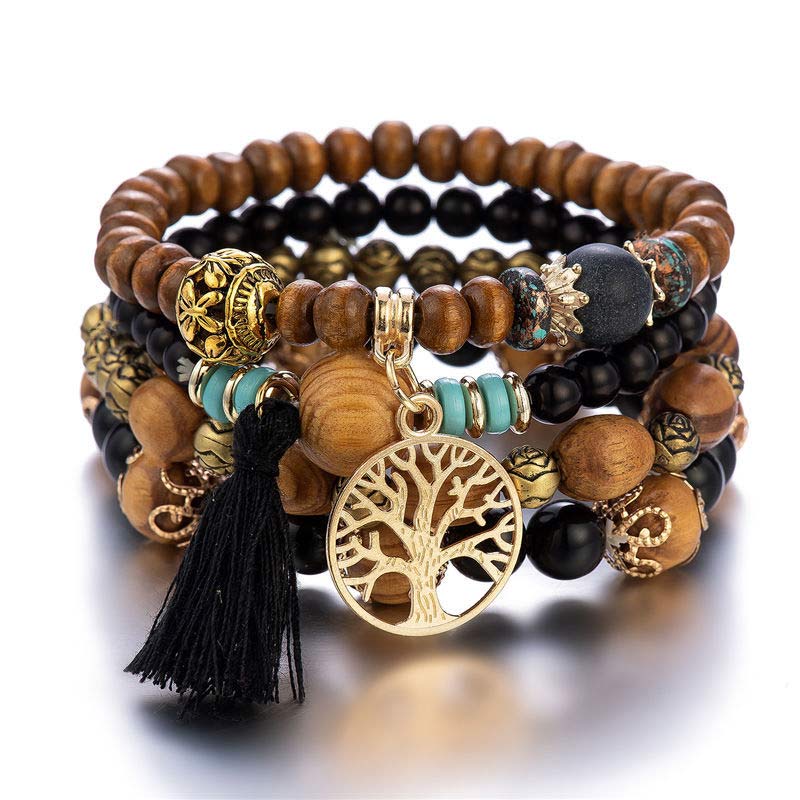 Fortune Jewel Wenge Wood Layered Tree Tassel Healing Bracelet - Fortune Jewel