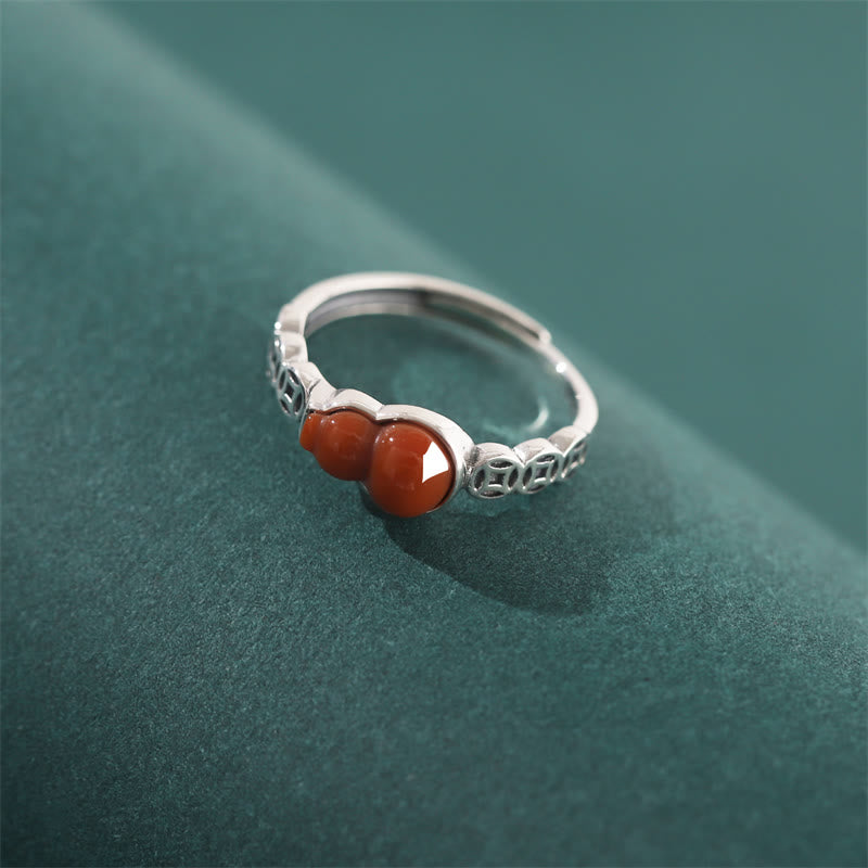 Fortune Jewel 925 Sterling Silver Red Agate Gourd Copper Coin Self-acceptance Ring