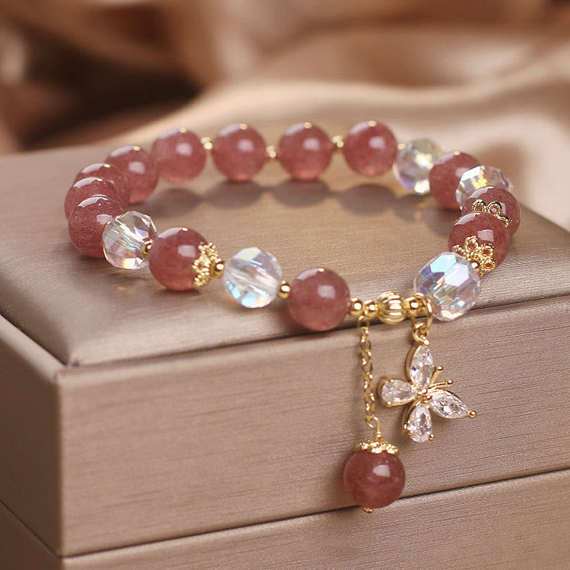 Fortune Jewel Natural Strawberry Quartz Love Healing Butterfly Charm Bracelet