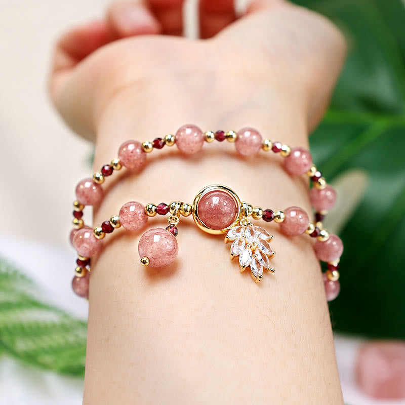 Fortune Jewel Natural Strawberry Quartz Love Healing Maple Leaf Charm Double Wrap Bracelet