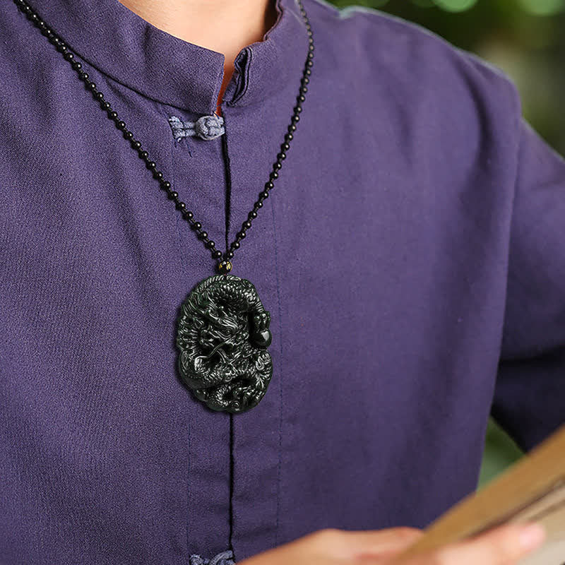 Fortune Jewel Hetian Cyan Jade Dragon Success Harmony Necklace Beaded String Pendant Fortune Jewel