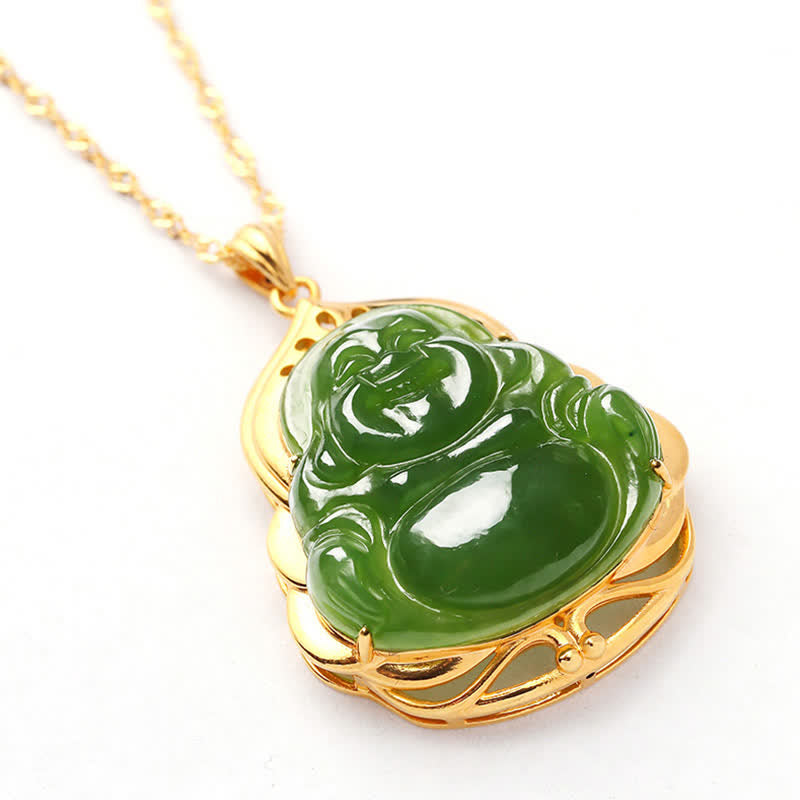 Fortune Jewel 925 Sterling Silver Natural Hetian Cyan Jade Laughing Buddha 18K Gold Healing Necklace Chain Pendant Fortune Jewel