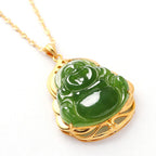 Fortune Jewel 925 Sterling Silver Natural Hetian Cyan Jade Laughing Buddha 18K Gold Healing Necklace Chain Pendant Fortune Jewel