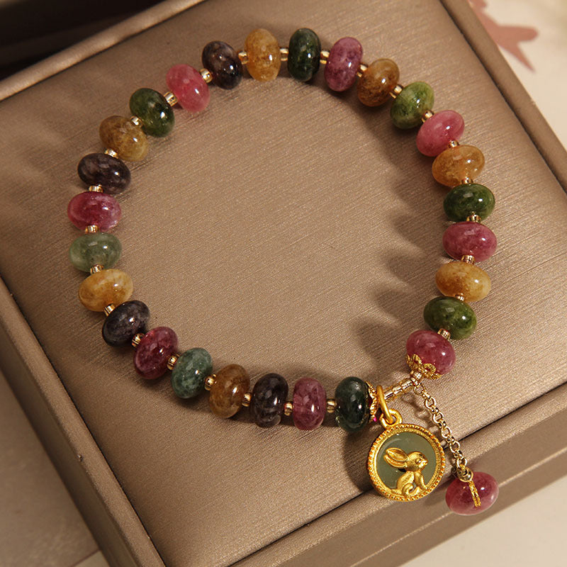 Fortune Jewel Natural Colorful Tourmaline Cute Rabbit Charm Positive Bracelet